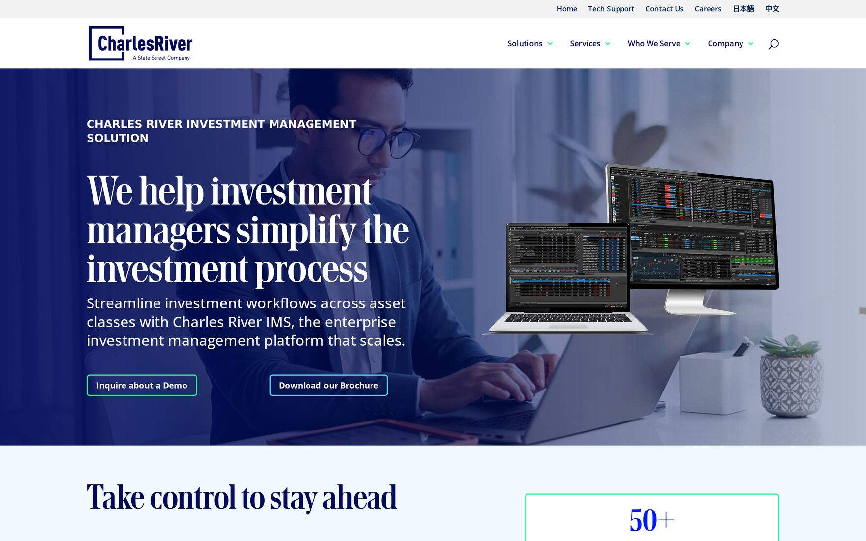 Charles River solutions page, headed We help investment managers simplify the investment process, showing a multi-screen trading desk.