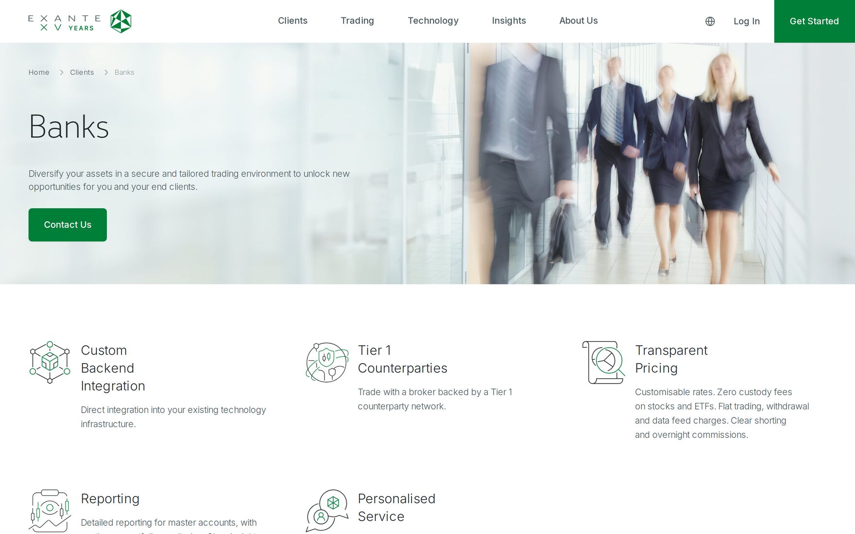 EXANTE banks page, headed Banks, listing custom backend integration, Tier 1 counterparties, transparent pricing, reporting and personalised service.