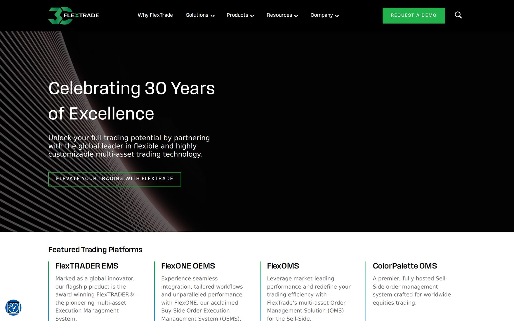 FlexTrade home page, marking 30 years and listing its trading platforms FlexTRADER EMS, FlexONE OEMS, FlexOMS and ColorPalette OMS.