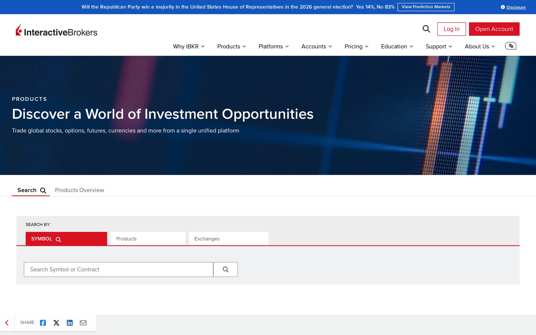 Interactive Brokers products page, headed Discover a World of Investment Opportunities, with a product and exchange search.