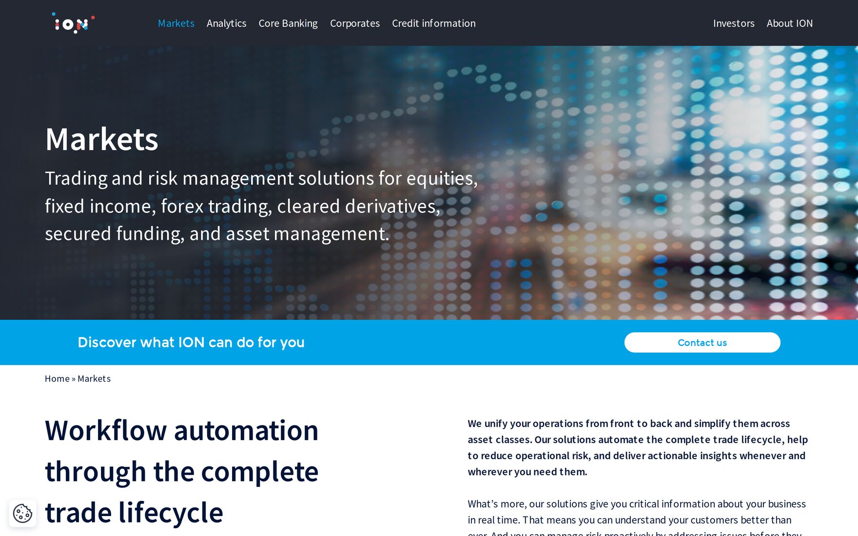 ION Markets page, headed Markets, describing trading and risk management solutions for equities, fixed income, forex and cleared derivatives.