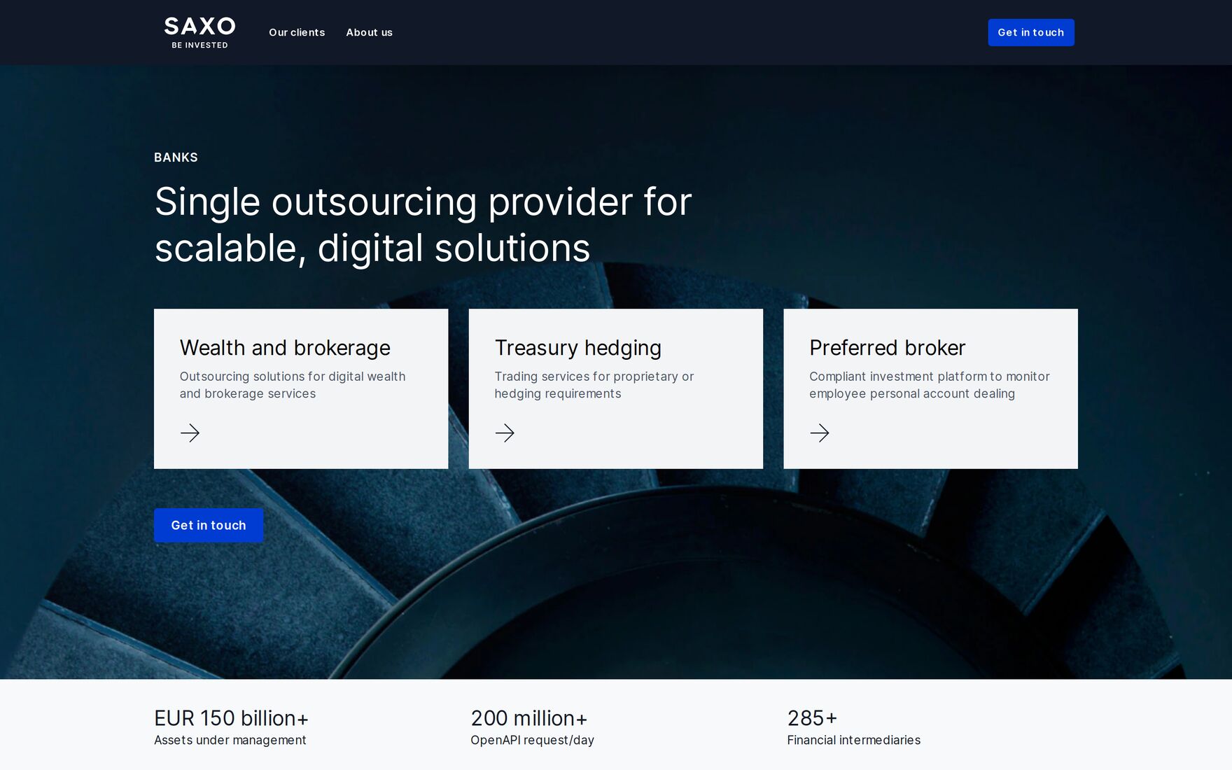 Saxo banks page, headed Single outsourcing provider for scalable, digital solutions, with cards for wealth and brokerage, treasury hedging and preferred broker.
